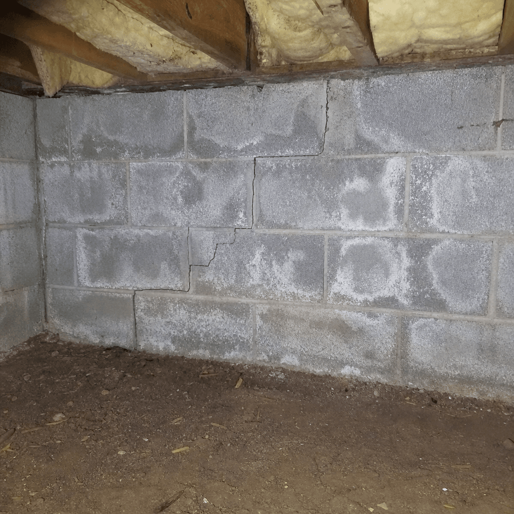 Close-up of a block foundation wall in a crawlspace with white efflorescence staining and a hairline stair-step crack